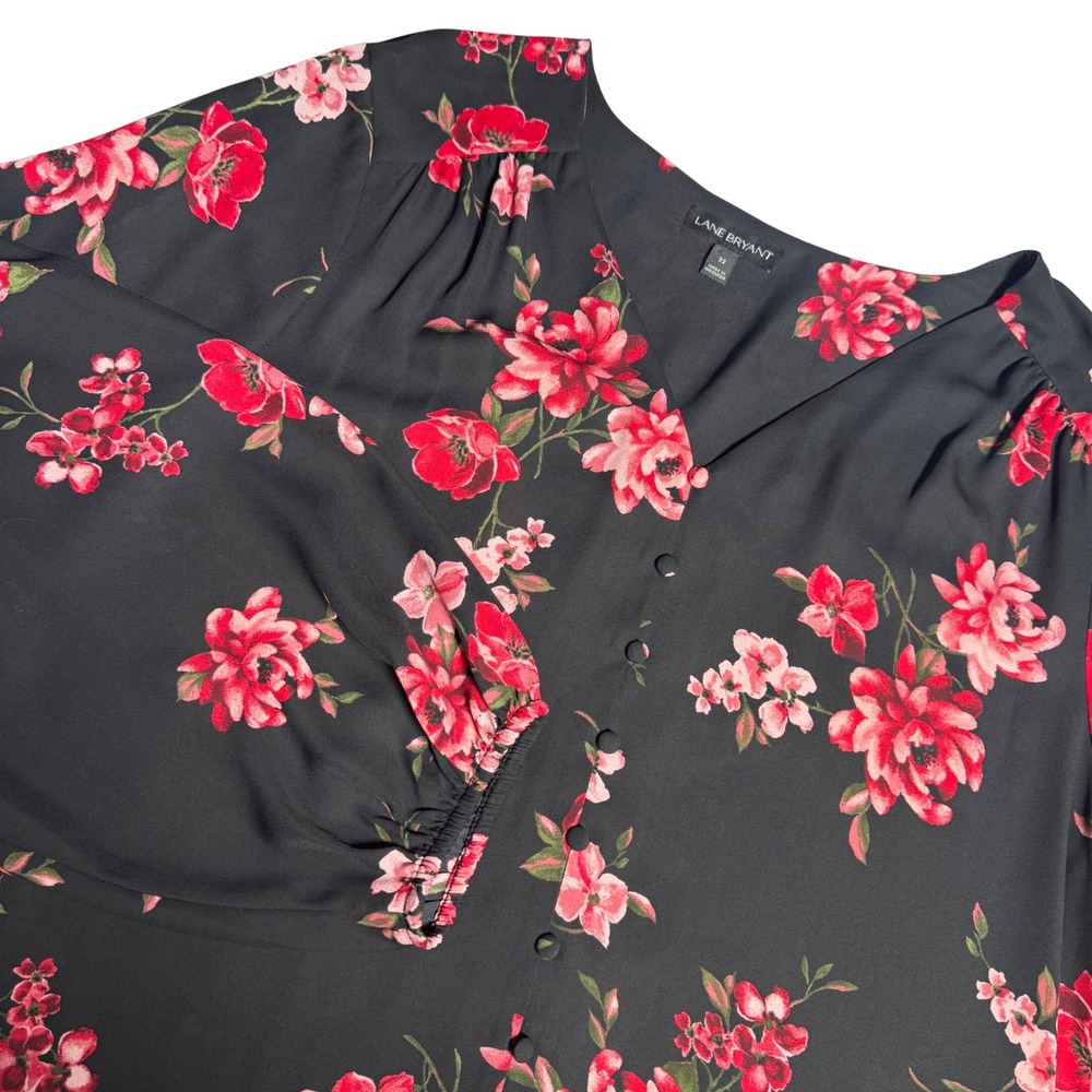 Lane Bryant Women Size 22 Black Floral Print Button Front Long Sleeve Blouse Top